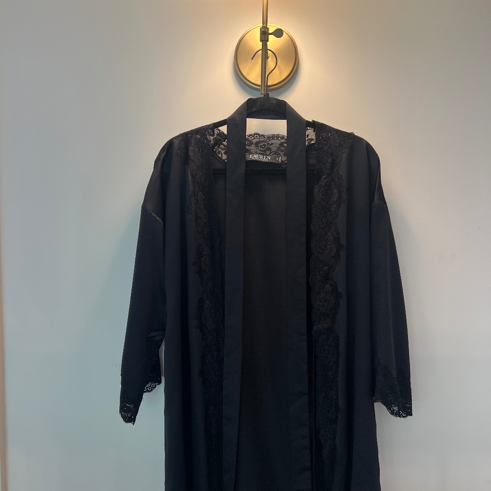 Ralph Lauren Black Satin Lace Robe